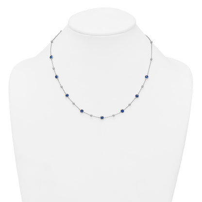 Sterling Silver Rhodium Plated and Beaded Blue CZ 16in w/2in Ext Necklace