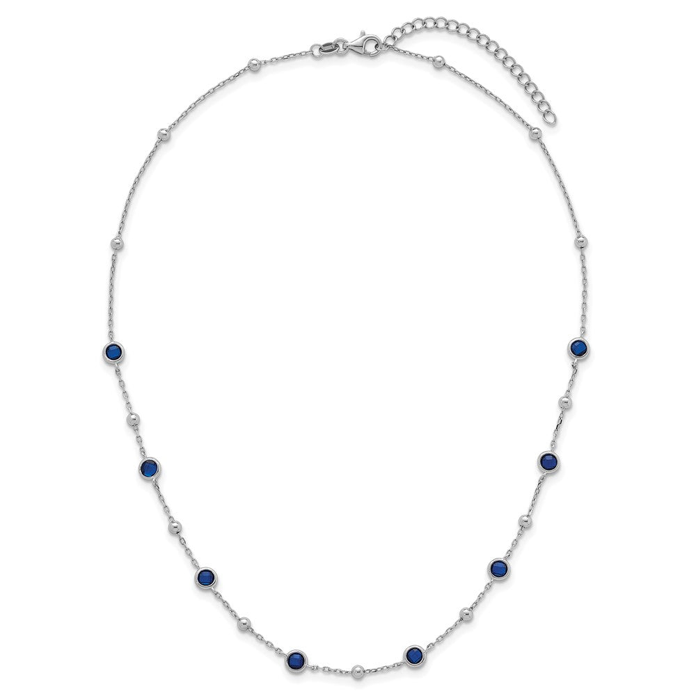 Sterling Silver Rhodium Plated and Beaded Blue CZ 16in w/2in Ext Necklace