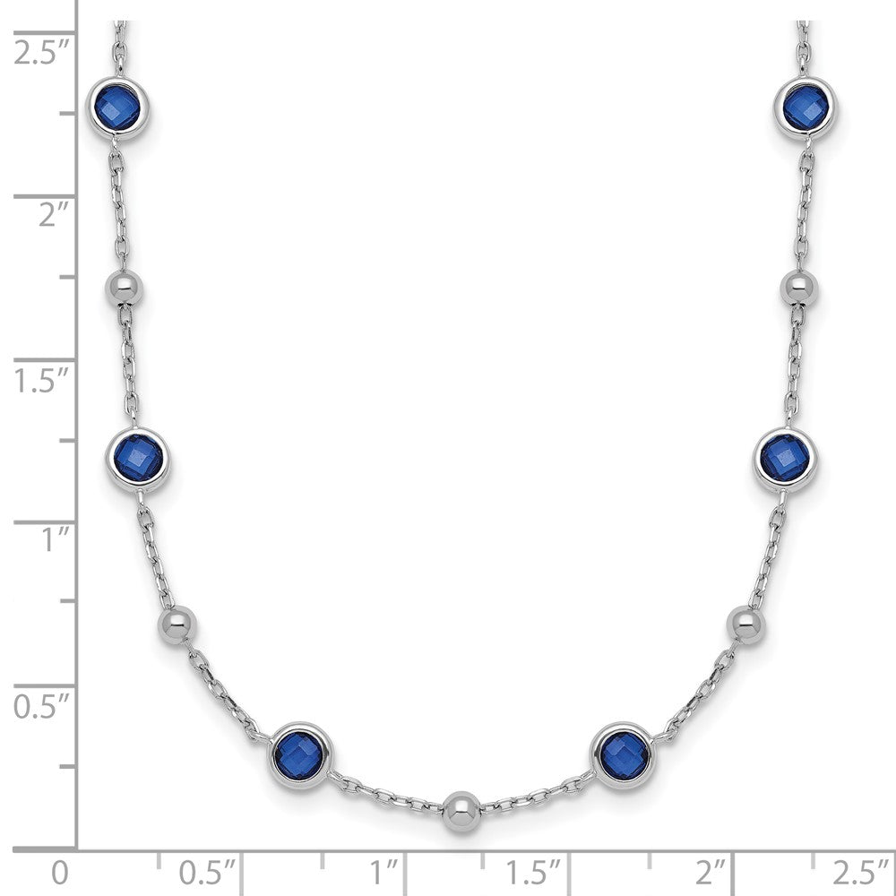 Sterling Silver Rhodium Plated and Beaded Blue CZ 16in w/2in Ext Necklace