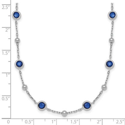 Sterling Silver Rhodium Plated and Beaded Blue CZ 16in w/2in Ext Necklace