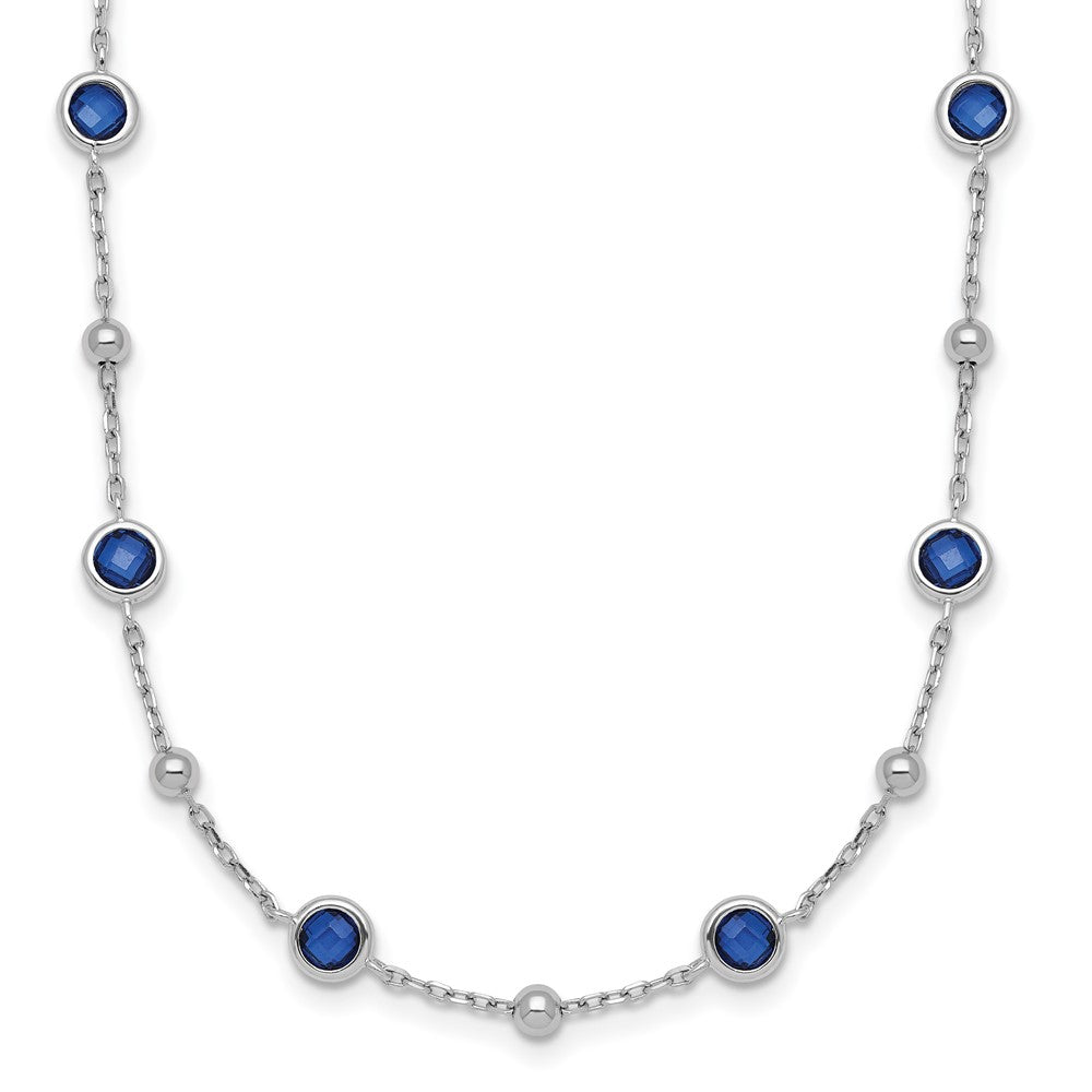 Sterling Silver Rhodium Plated and Beaded Blue CZ 16in w/2in Ext Necklace