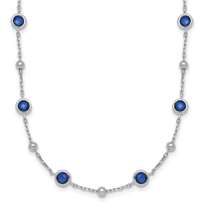 Sterling Silver Rhodium Plated and Beaded Blue CZ 16in w/2in Ext Necklace