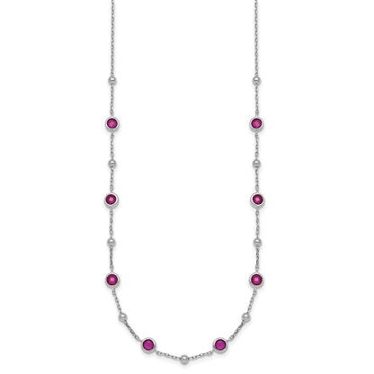 Sterling Silver Rhodium Plated and Beaded Red CZ 16in w/2in Ext Necklace