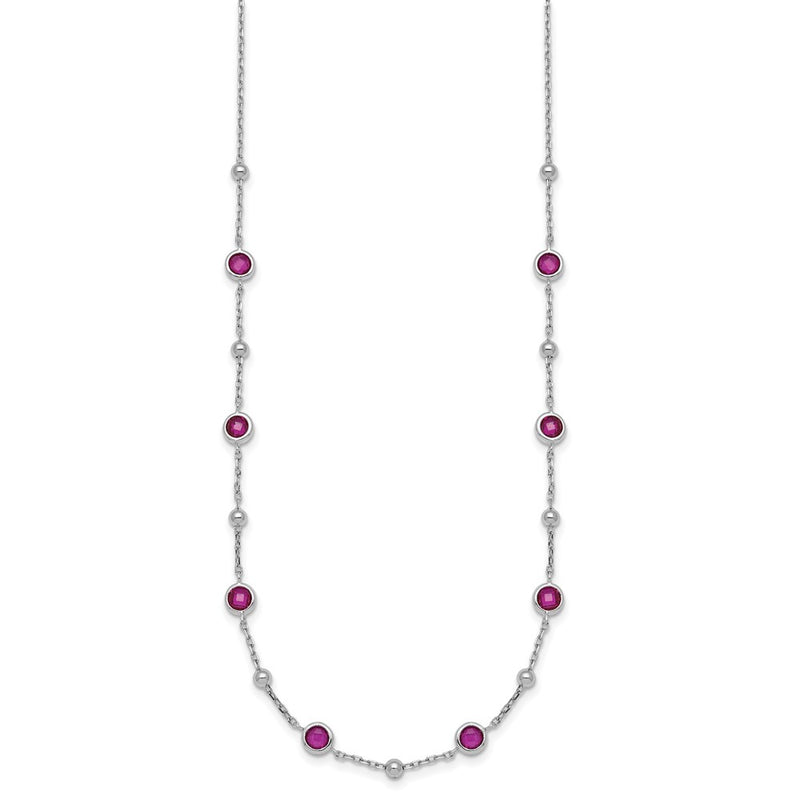 Sterling Silver Rhodium Plated and Beaded Red CZ 16in w/2in Ext Necklace