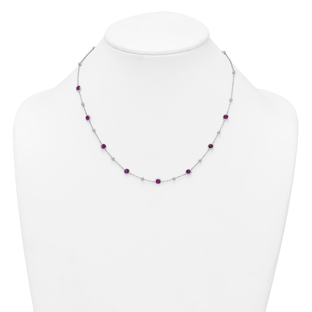 Sterling Silver Rhodium Plated and Beaded Red CZ 16in w/2in Ext Necklace