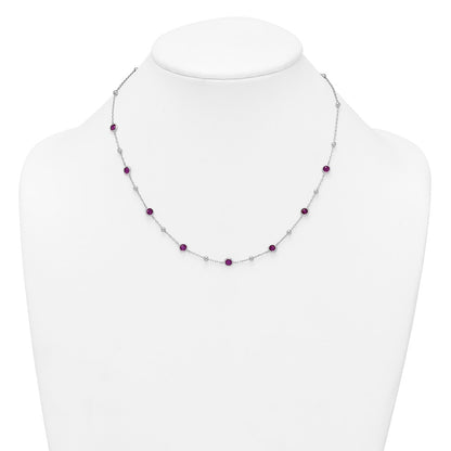 Sterling Silver Rhodium Plated and Beaded Red CZ 16in w/2in Ext Necklace