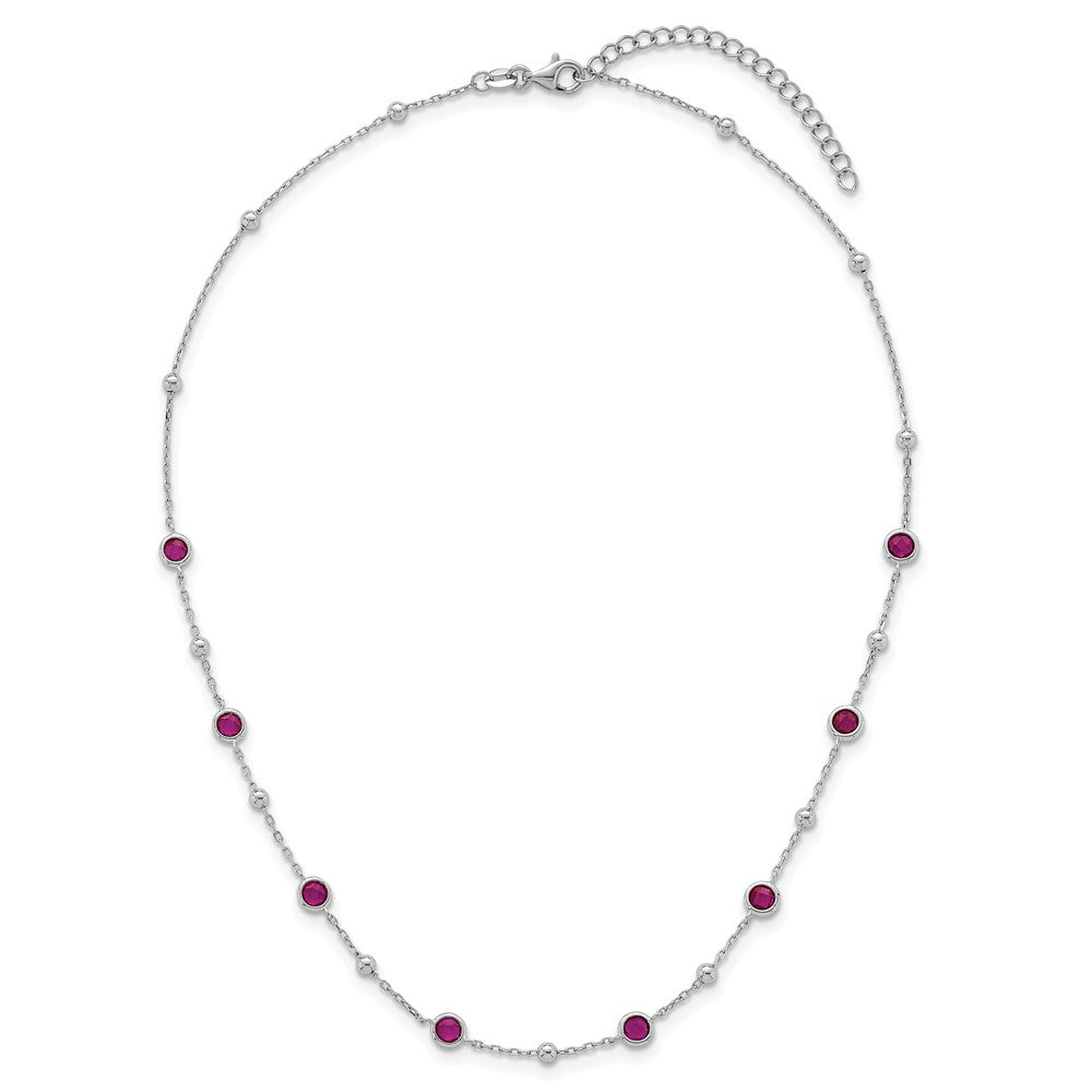 Sterling Silver Rhodium Plated and Beaded Red CZ 16in w/2in Ext Necklace