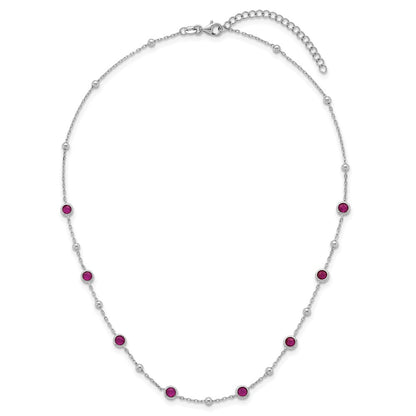 Sterling Silver Rhodium Plated and Beaded Red CZ 16in w/2in Ext Necklace