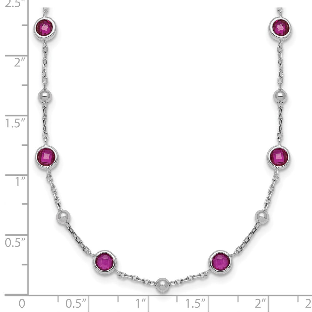 Sterling Silver Rhodium Plated and Beaded Red CZ 16in w/2in Ext Necklace