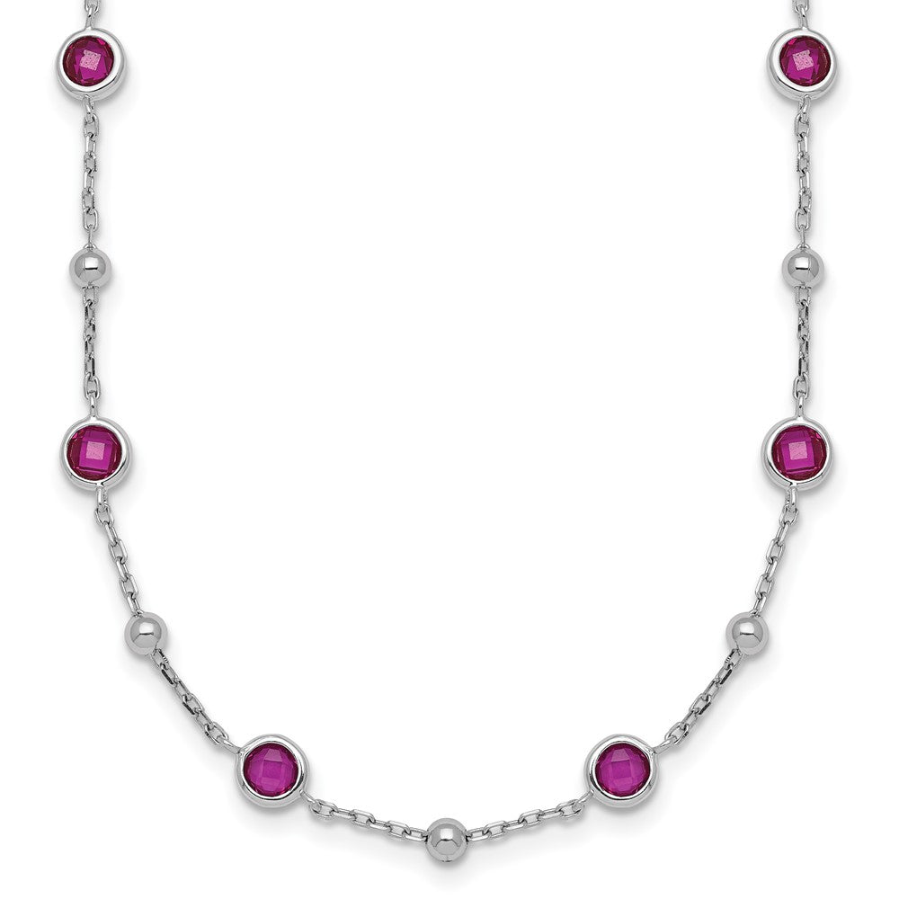 Sterling Silver Rhodium Plated and Beaded Red CZ 16in w/2in Ext Necklace