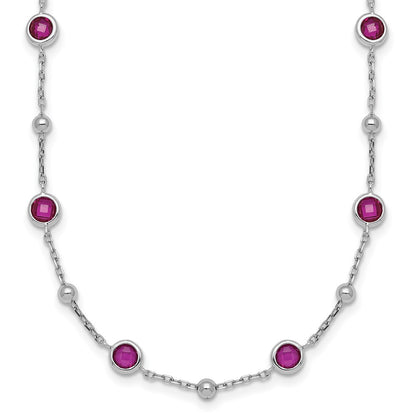 Sterling Silver Rhodium Plated and Beaded Red CZ 16in w/2in Ext Necklace