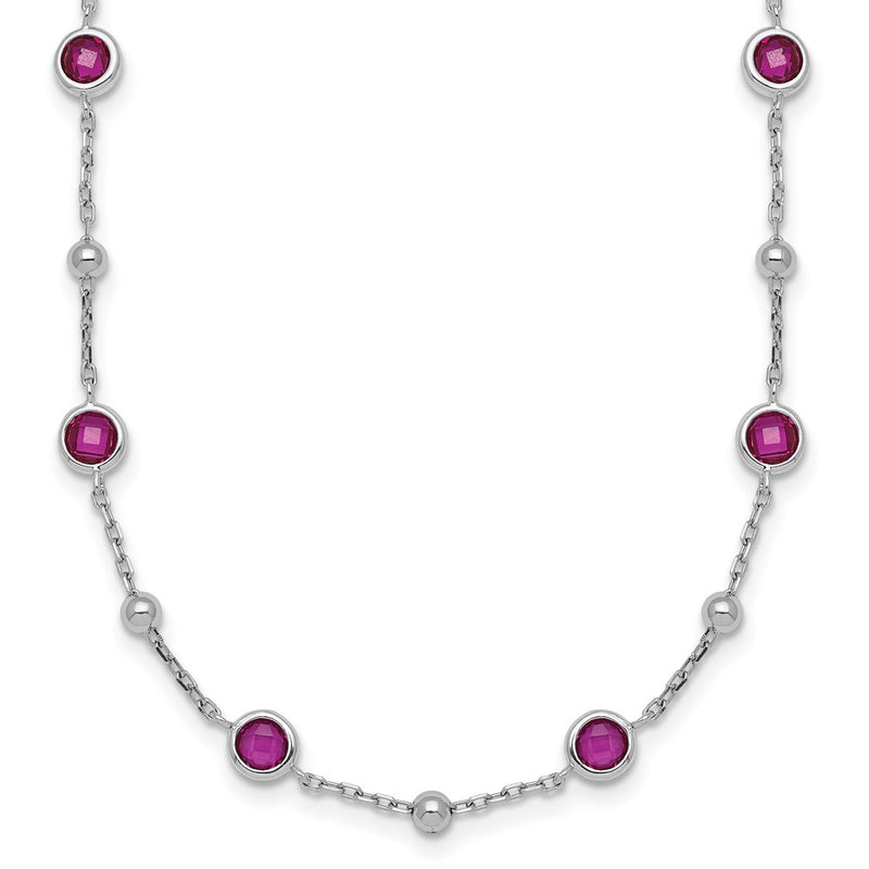 Sterling Silver Rhodium Plated and Beaded Red CZ 16in w/2in Ext Necklace
