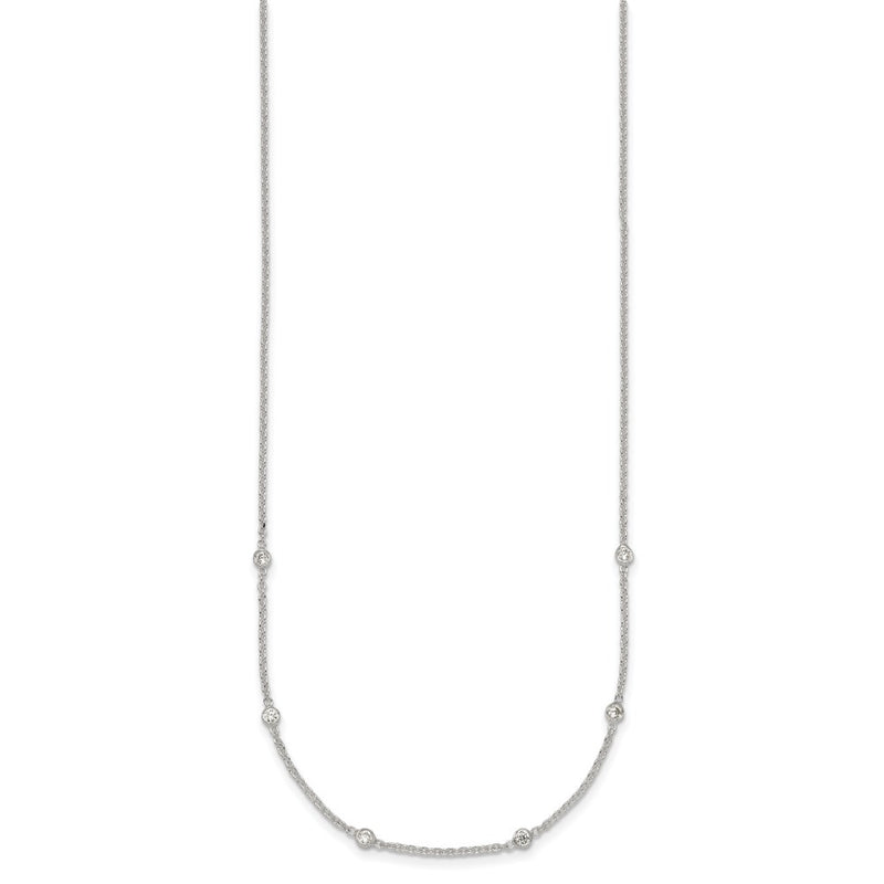 Sterling Silver Polished CZ Station W/ 1in Ext Necklace