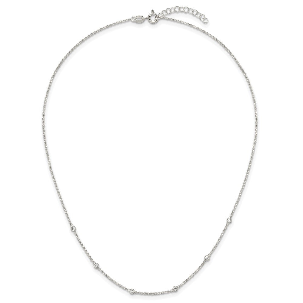 Sterling Silver Polished CZ Station W/ 1in Ext Necklace