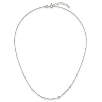 Sterling Silver Polished CZ Station W/ 1in Ext Necklace