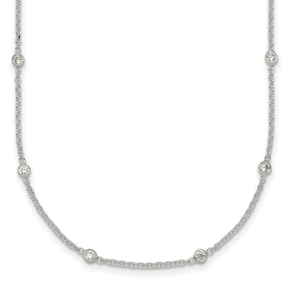Sterling Silver Polished CZ Station W/ 1in Ext Necklace