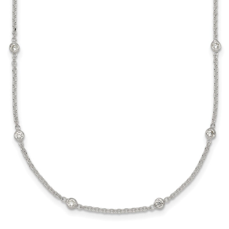 Sterling Silver Polished CZ Station W/ 1in Ext Necklace