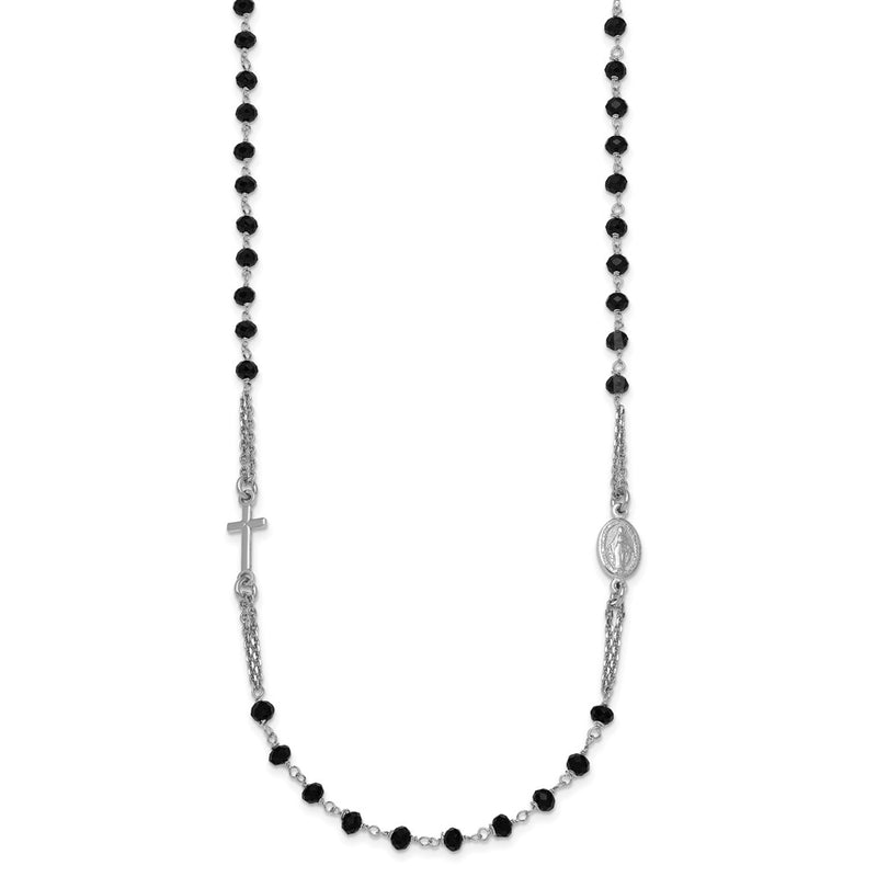 Sterling Silver Rh-Plat Blk Crystal 20in w/.5in Ext Rosary Themed Necklace