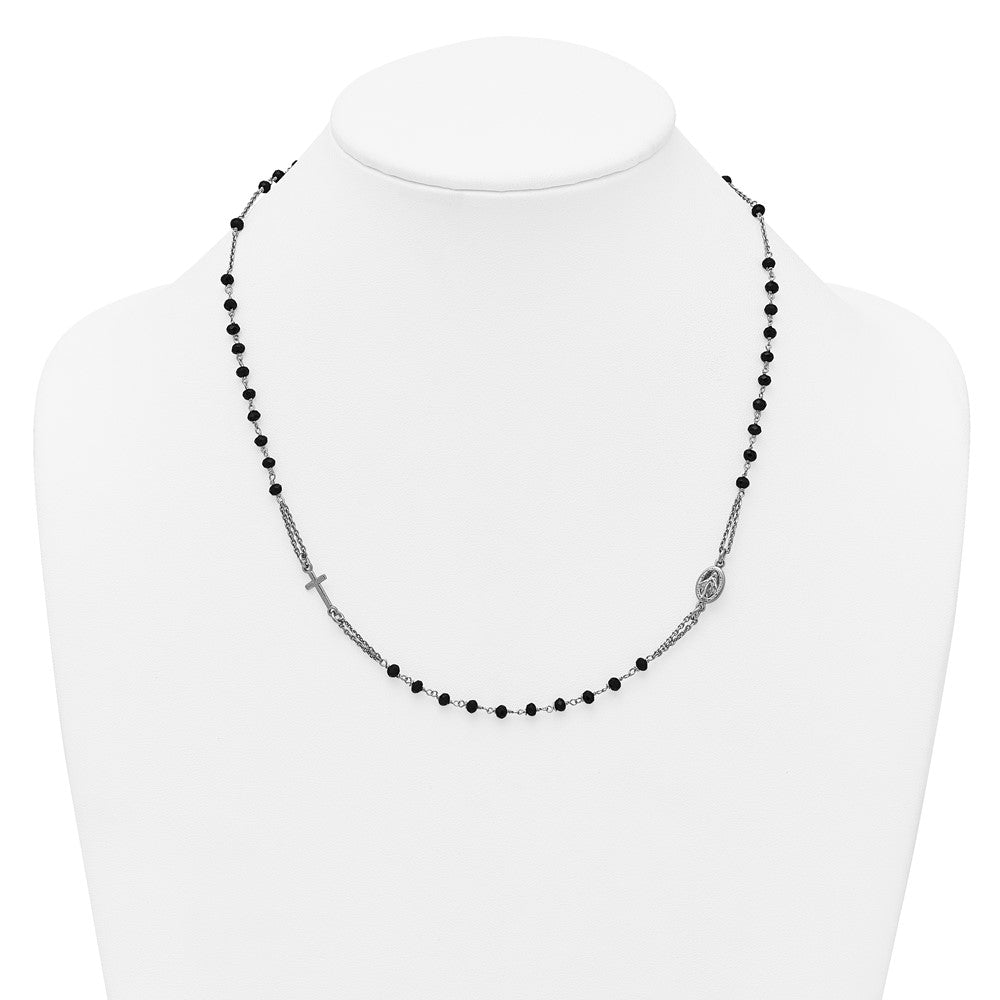 Sterling Silver Rh-Plat Blk Crystal 20in w/.5in Ext Rosary Themed Necklace