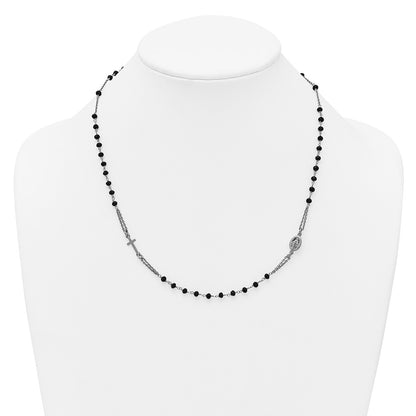 Sterling Silver Rh-Plat Blk Crystal 20in w/.5in Ext Rosary Themed Necklace