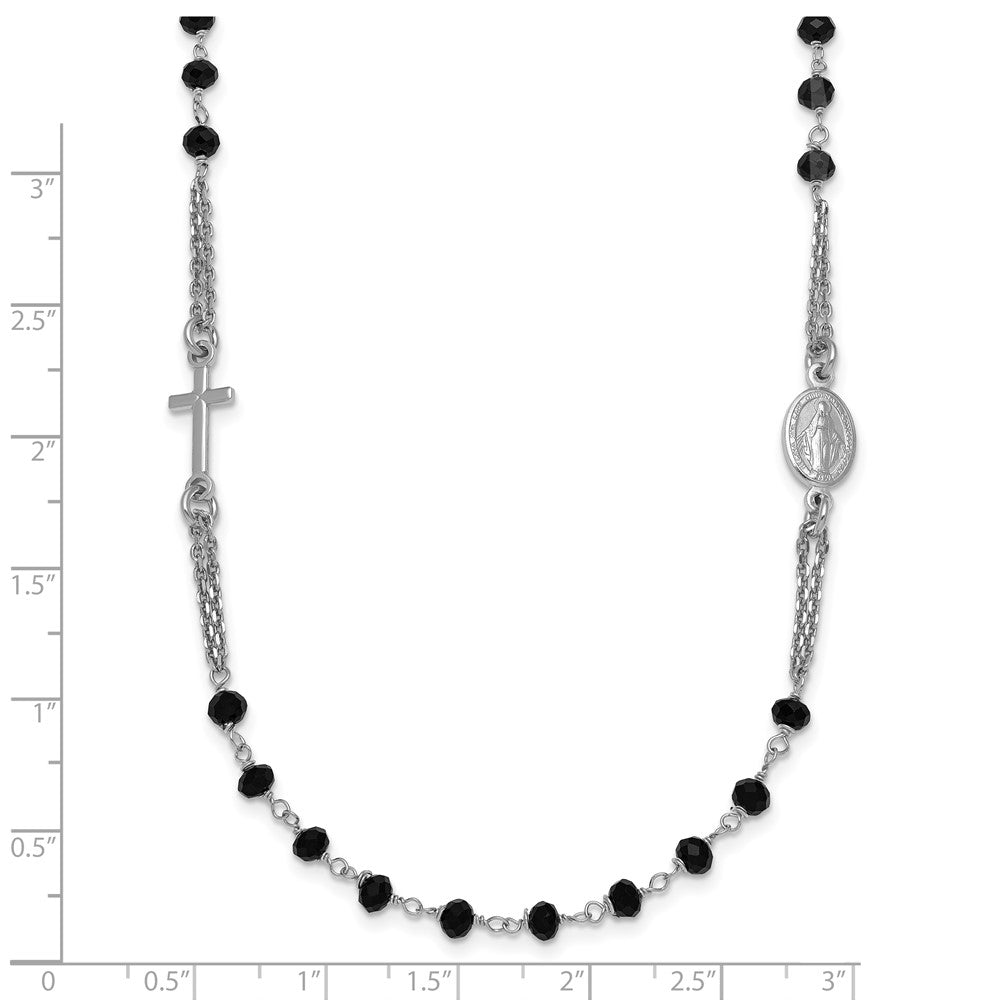 Sterling Silver Rh-Plat Blk Crystal 20in w/.5in Ext Rosary Themed Necklace