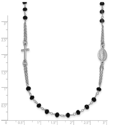 Sterling Silver Rh-Plat Blk Crystal 20in w/.5in Ext Rosary Themed Necklace