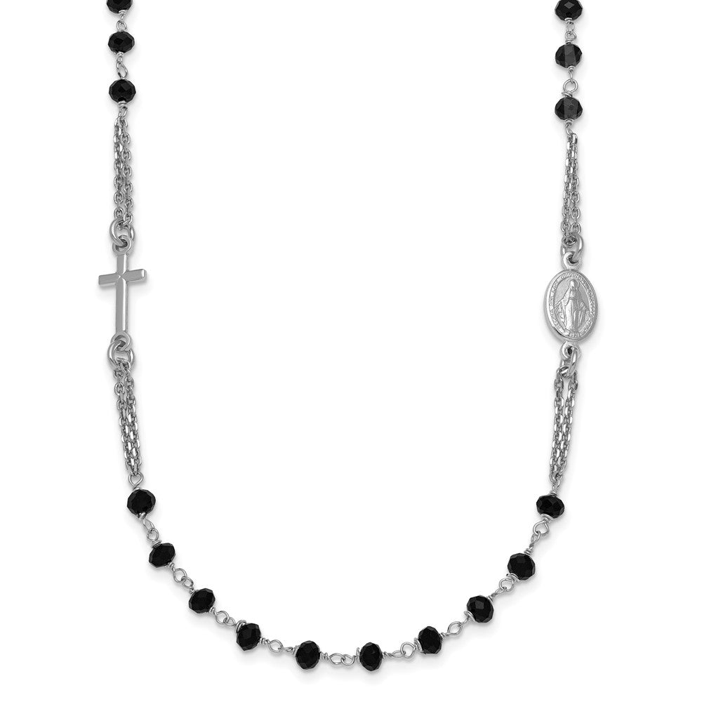 Sterling Silver Rh-Plat Blk Crystal 20in w/.5in Ext Rosary Themed Necklace