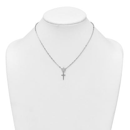 Sterling Silver Rh-Pltd Cross Paperclip Link 16in W/ 2in Ext Necklace