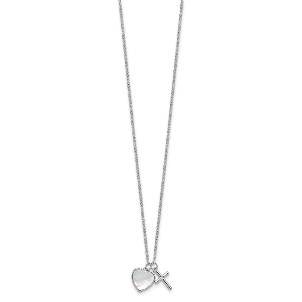 Sterling Silver Rh-Pltd Mop and CZ Heart and Cross 14in w/3in Ext Children's Necklace