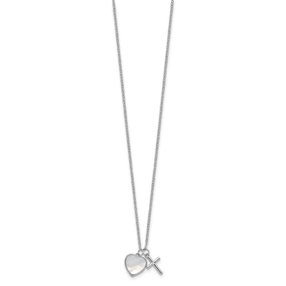 Sterling Silver Rh-Pltd Mop and CZ Heart and Cross 14in w/3in Ext Children's Necklace