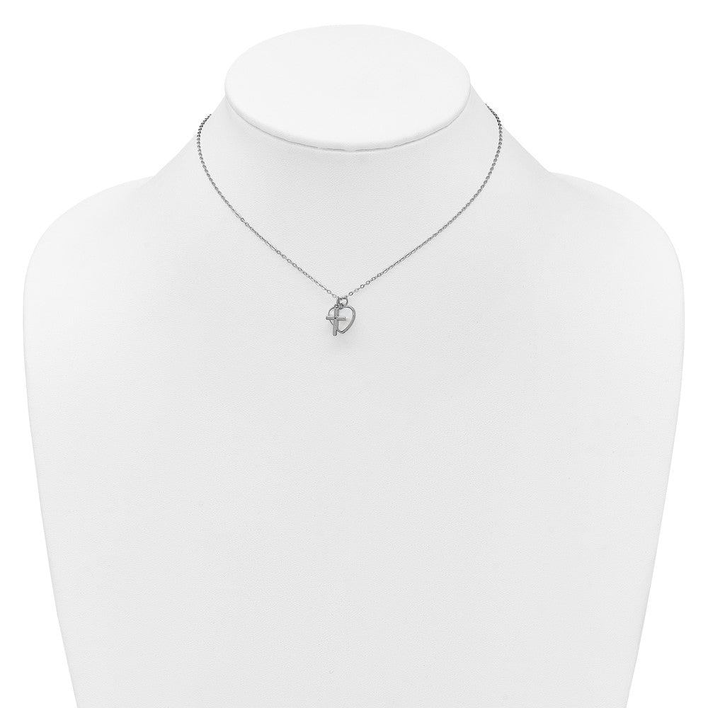 Sterling Silver Rh-Pltd Mop and CZ Heart and Cross 14in w/3in Ext Children's Necklace
