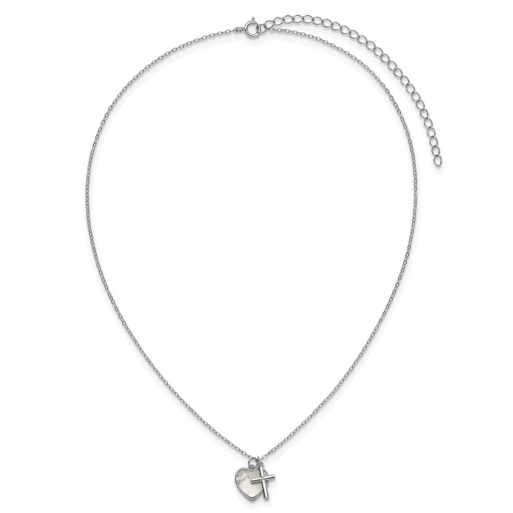 Sterling Silver Rh-Pltd Mop and CZ Heart and Cross 14in w/3in Ext Children's Necklace