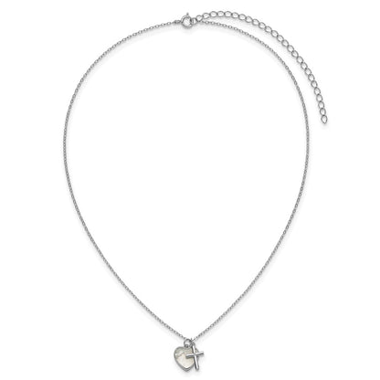 Sterling Silver Rh-Pltd Mop and CZ Heart and Cross 14in w/3in Ext Children's Necklace