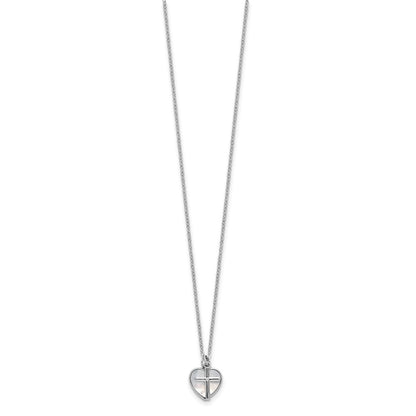 Sterling Silver Rh-Pltd Mop and CZ Heart and Cross 14in w/3in Ext Children's Necklace