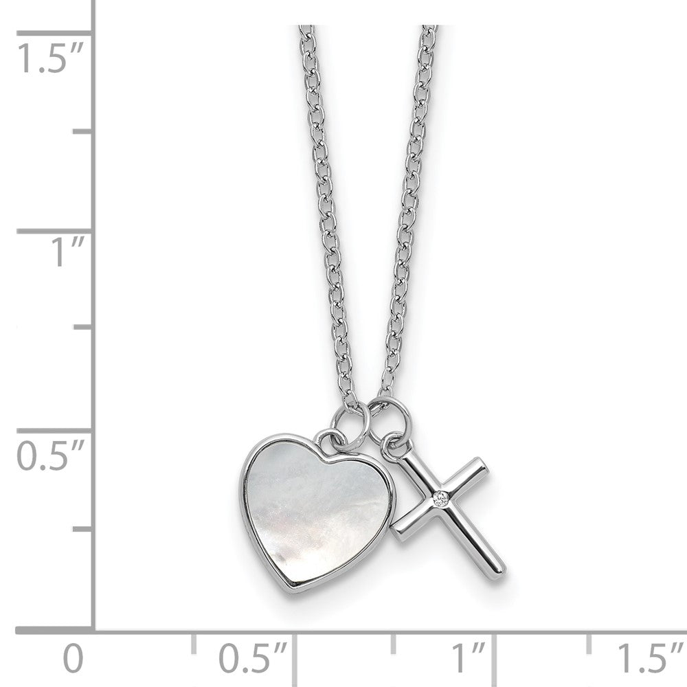 Sterling Silver Rh-Pltd Mop and CZ Heart and Cross 14in w/3in Ext Children's Necklace