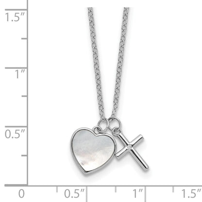 Sterling Silver Rh-Pltd Mop and CZ Heart and Cross 14in w/3in Ext Children's Necklace