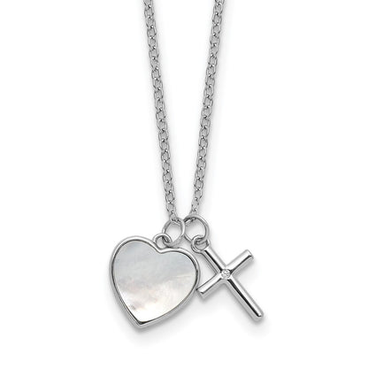 Sterling Silver Rh-Pltd Mop and CZ Heart and Cross 14in w/3in Ext Children's Necklace