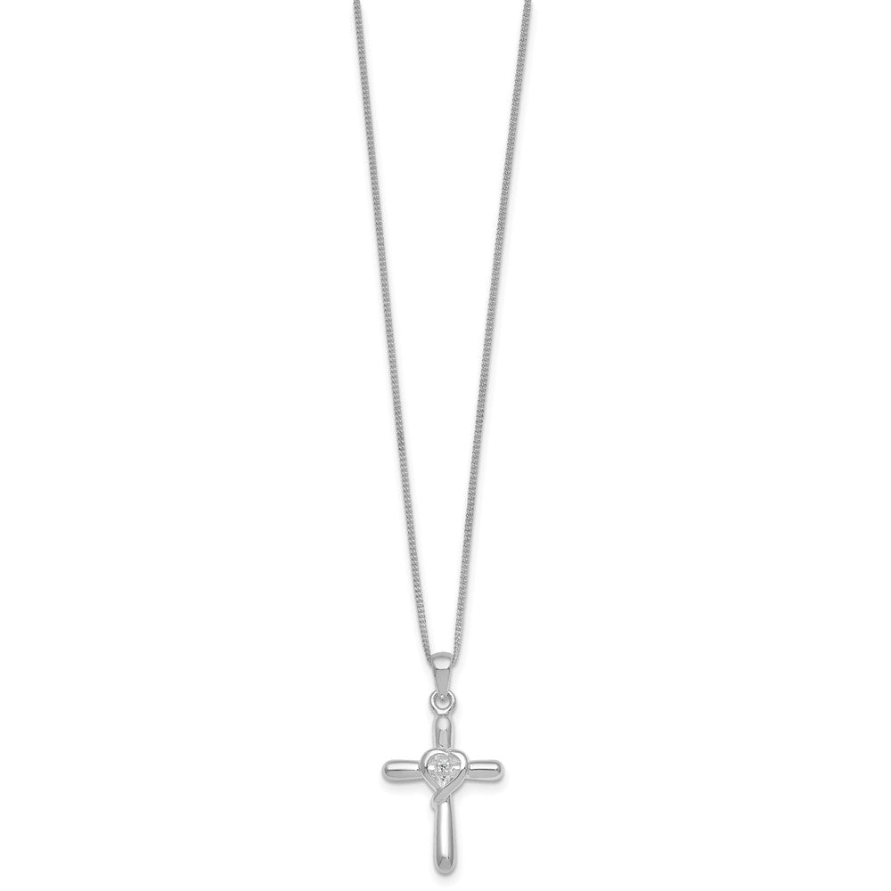 Sterling Silver Rhodium Plated Polished CZ Heart Cross 20in w/3in Ext Necklace