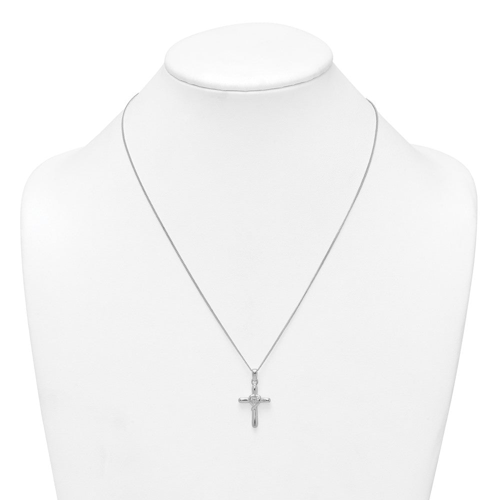 Sterling Silver Rhodium Plated Polished CZ Heart Cross 20in w/3in Ext Necklace