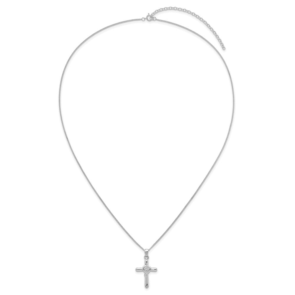 Sterling Silver Rhodium Plated Polished CZ Heart Cross 20in w/3in Ext Necklace