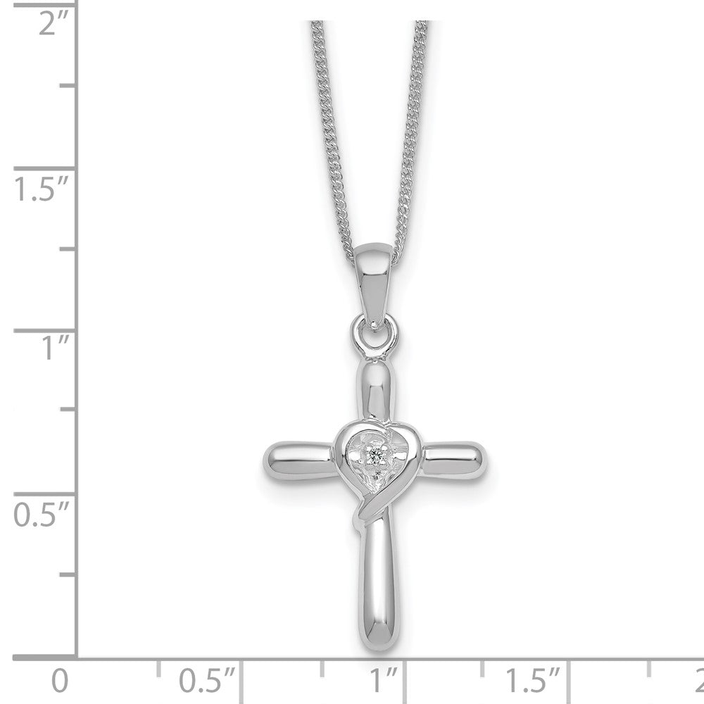 Sterling Silver Rhodium Plated Polished CZ Heart Cross 20in w/3in Ext Necklace