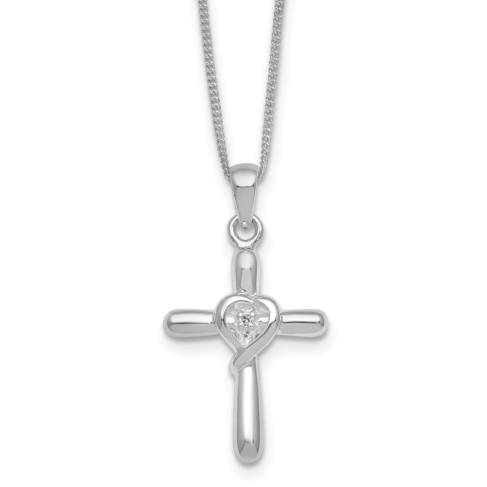 Sterling Silver Rhodium Plated Polished CZ Heart Cross 20in w/3in Ext Necklace