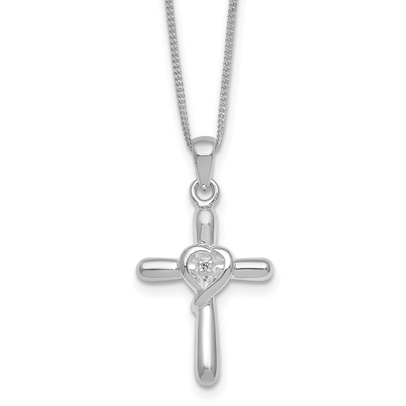 Sterling Silver Rhodium Plated Polished CZ Heart Cross 20in w/3in Ext Necklace