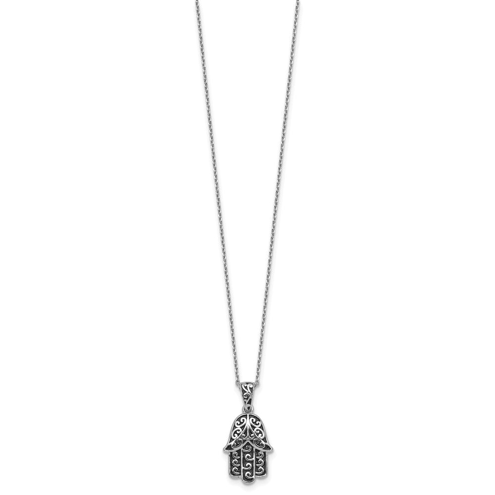 Sterling Silver Rhodium Plated Polished/oxidized Filigree Hamsa 18 Inch Necklace