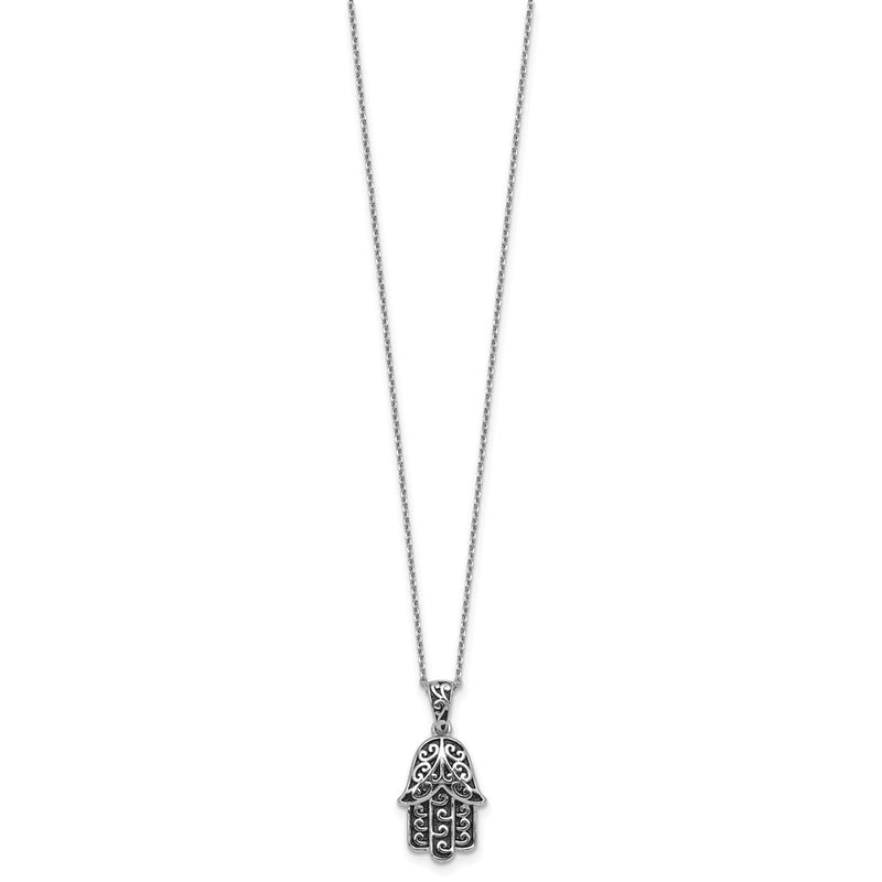 Sterling Silver Rhodium Plated Polished/oxidized Filigree Hamsa 18 Inch Necklace