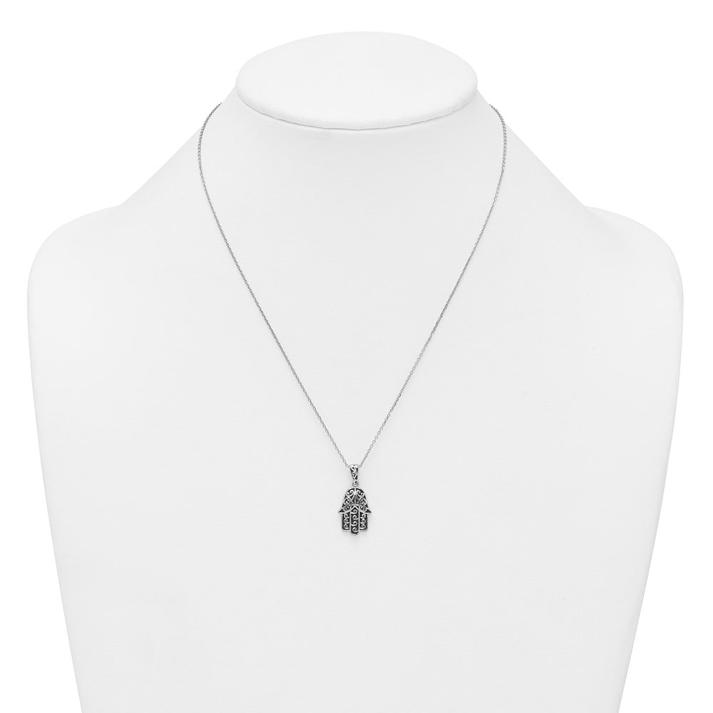 Sterling Silver Rhodium Plated Polished/oxidized Filigree Hamsa 18 Inch Necklace