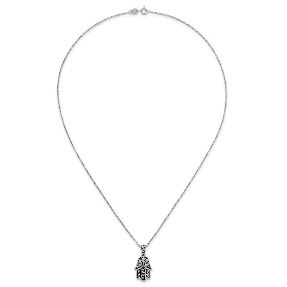 Sterling Silver Rhodium Plated Polished/oxidized Filigree Hamsa 18 Inch Necklace