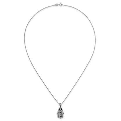 Sterling Silver Rhodium Plated Polished/oxidized Filigree Hamsa 18 Inch Necklace