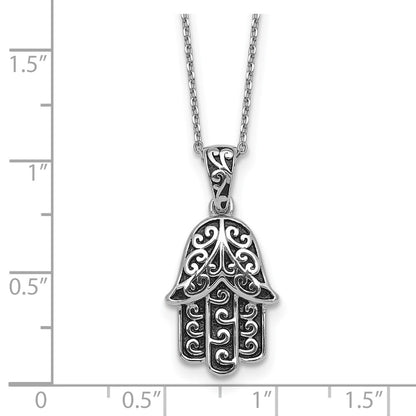 Sterling Silver Rhodium Plated Polished/oxidized Filigree Hamsa 18 Inch Necklace