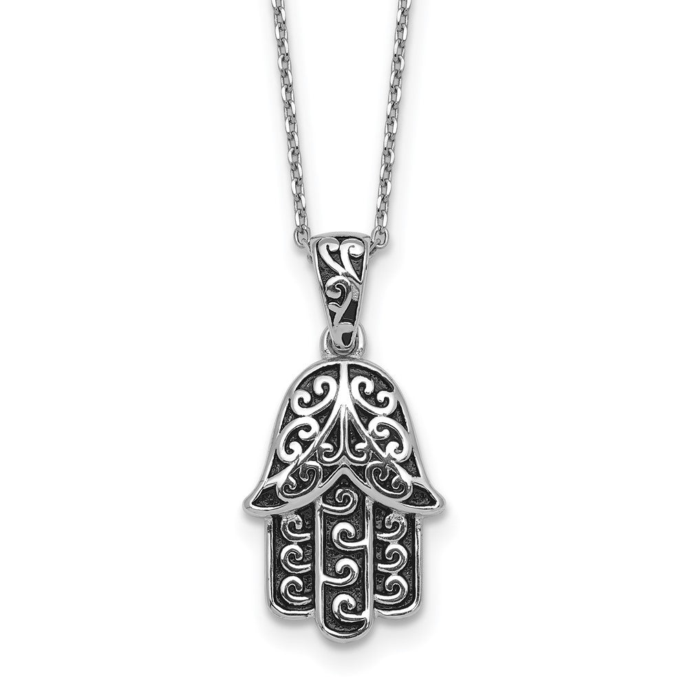 Sterling Silver Rhodium Plated Polished/oxidized Filigree Hamsa 18 Inch Necklace